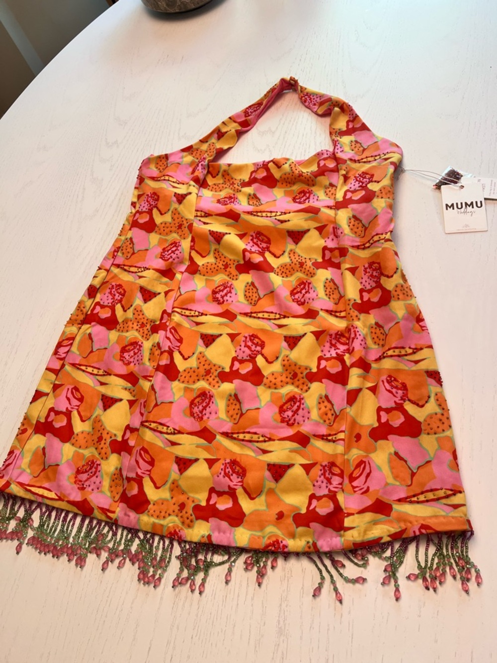 Show Me Your MuMu Women’s Halter Dress in Yellow, Pink & Red with Beaded Fringe